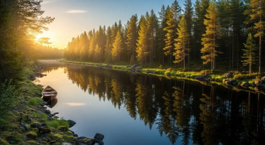 A boat is on the river in the middle of a forest