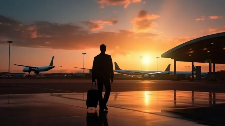A silhouette of a businessman carrying a bag while walking in an aircraft parking area during sunset