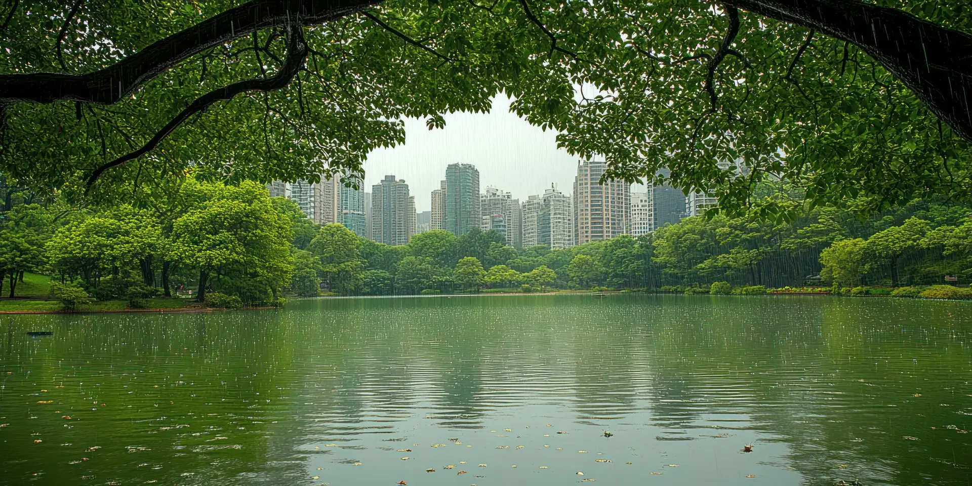 A tranquil lake surrounded by vibrant trees and city skyscrapers under a cloudy