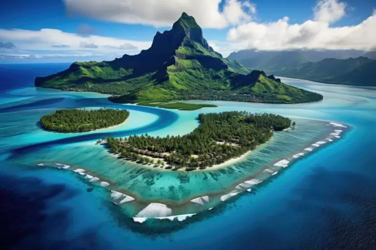 Aerial view of island with a small island in the ocean, Bora Bora aerial view, Tahiti, French Polynesia,