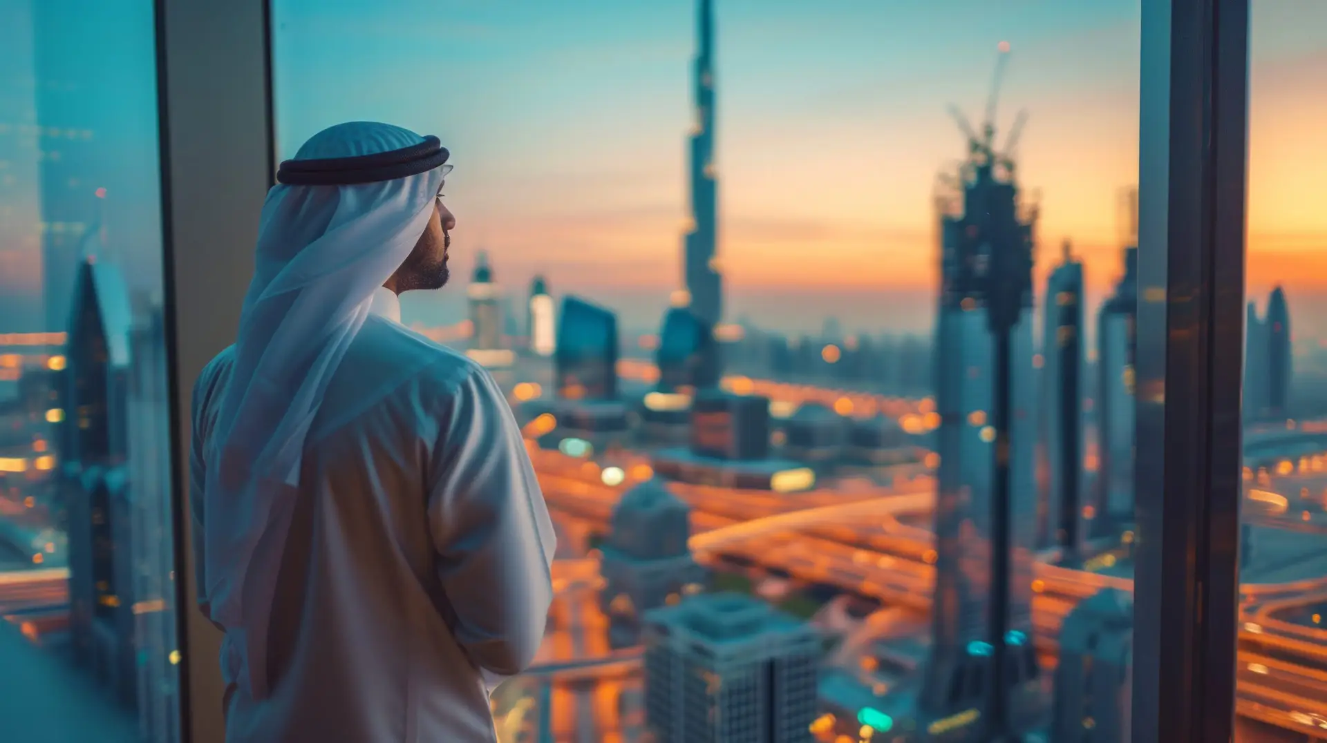 Handsome Arab men looking at Dubai from a skyscraper