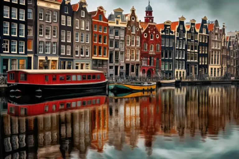 Amsterdam canals and traditional dutch houses, Holland, Netherlands, Amsterdam Netherlands dancing houses over river Amstel landmark