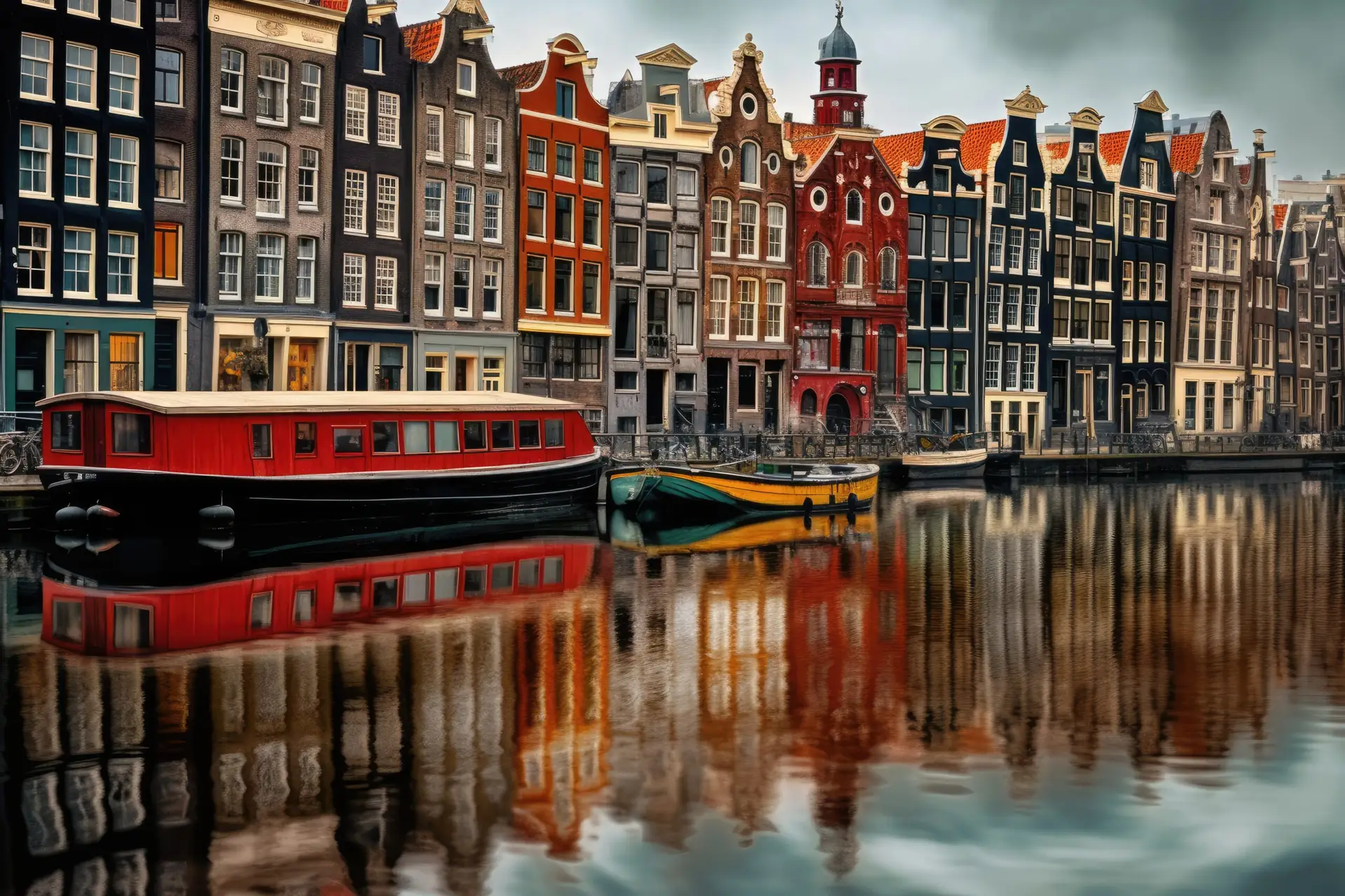 Amsterdam canals and traditional dutch houses, Holland, Netherlands, Amsterdam Netherlands dancing houses over river Amstel landmark