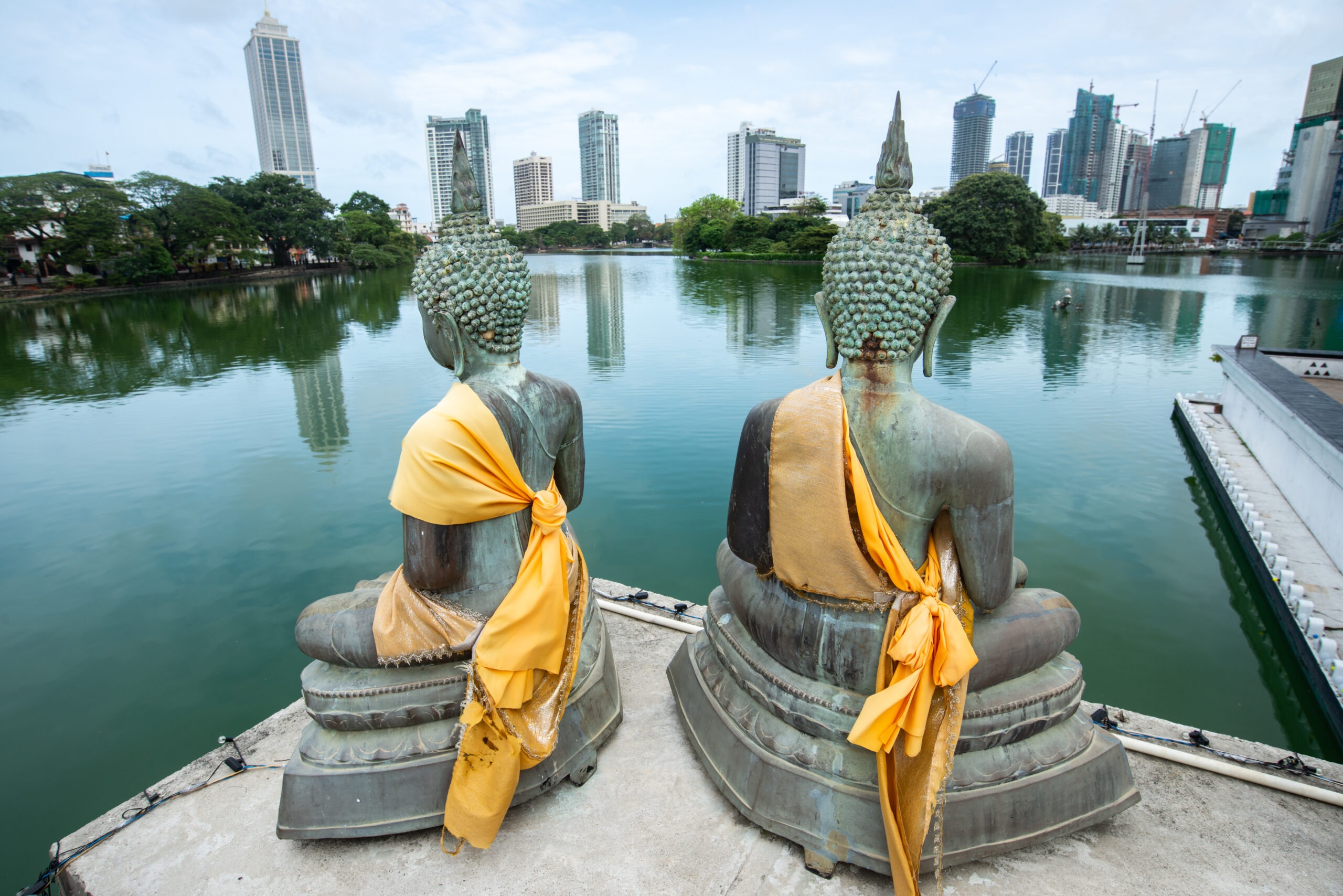 Bronze Buddha statues situated at Seema Malaka buddhist temple on Beira Lake in Colombo, Sri Lanka. Colombo is the commercial capital and largest city of Sri Lanka