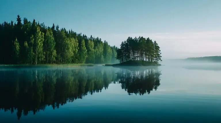 Calm Lake Reflection of Forest and Small Island on a Misty Morning
