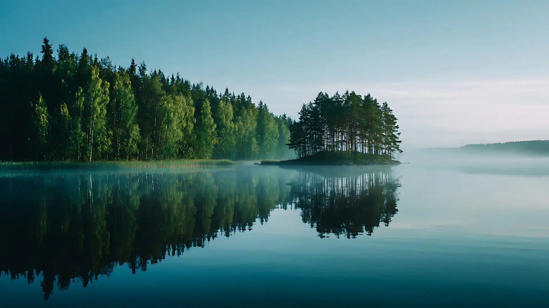 Calm Lake Reflection of Forest and Small Island on a Misty Morning