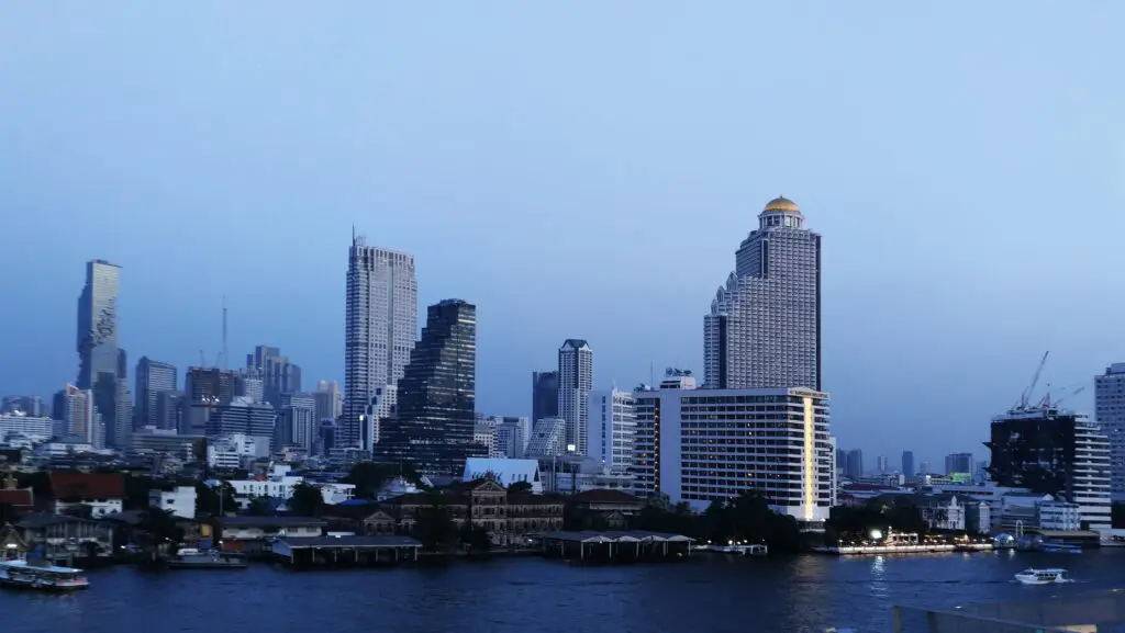 Chao Phraya River and Bangkok cityscape in Thailand. Evening sky. and the Bangkok cityscape in Thailand.