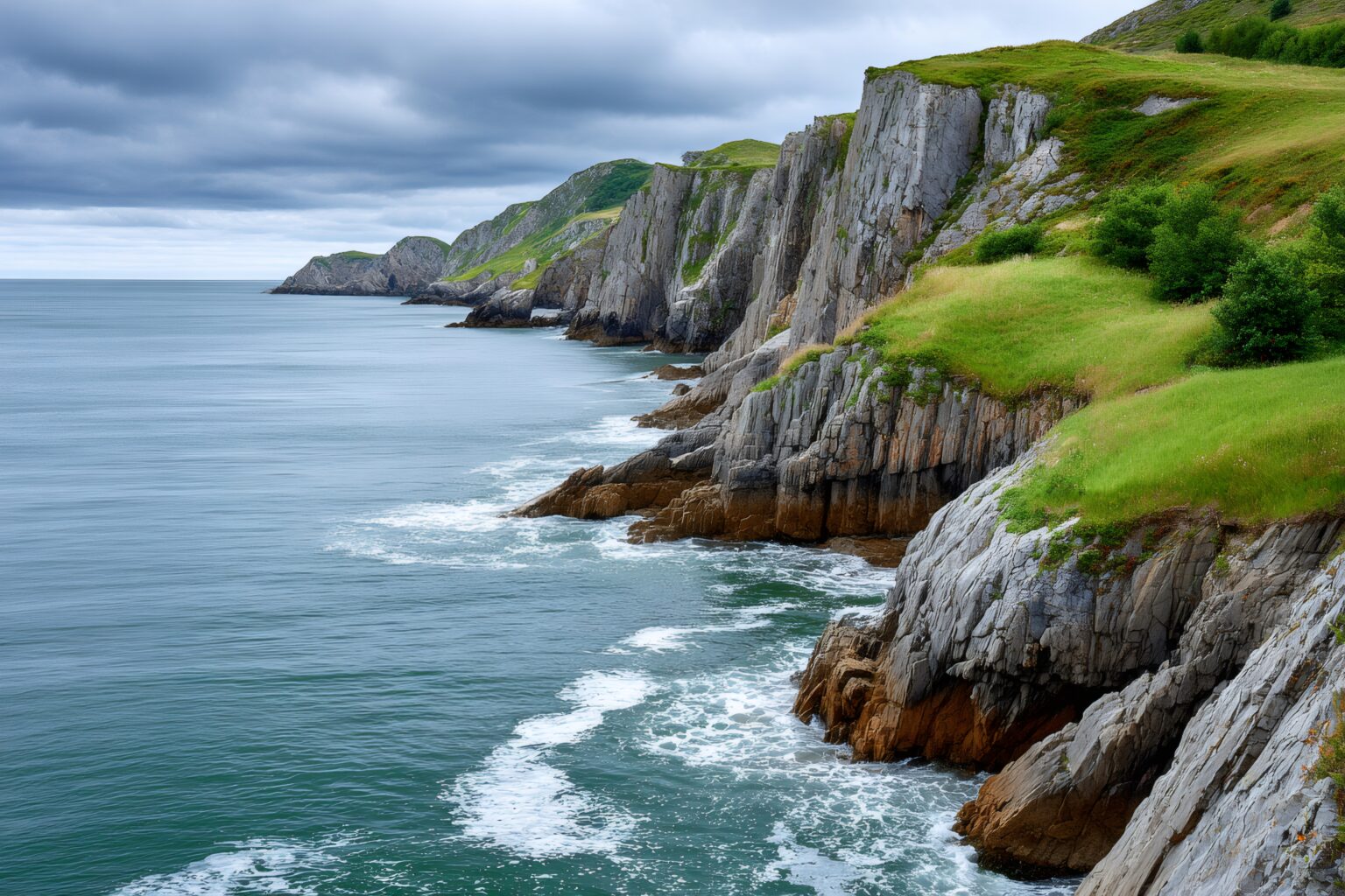 Dramatic cliffs rising from the ocean under cloudy sky in Wales