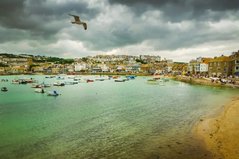 scenic panorama of beach of St Ives coastal town, Cornwall,