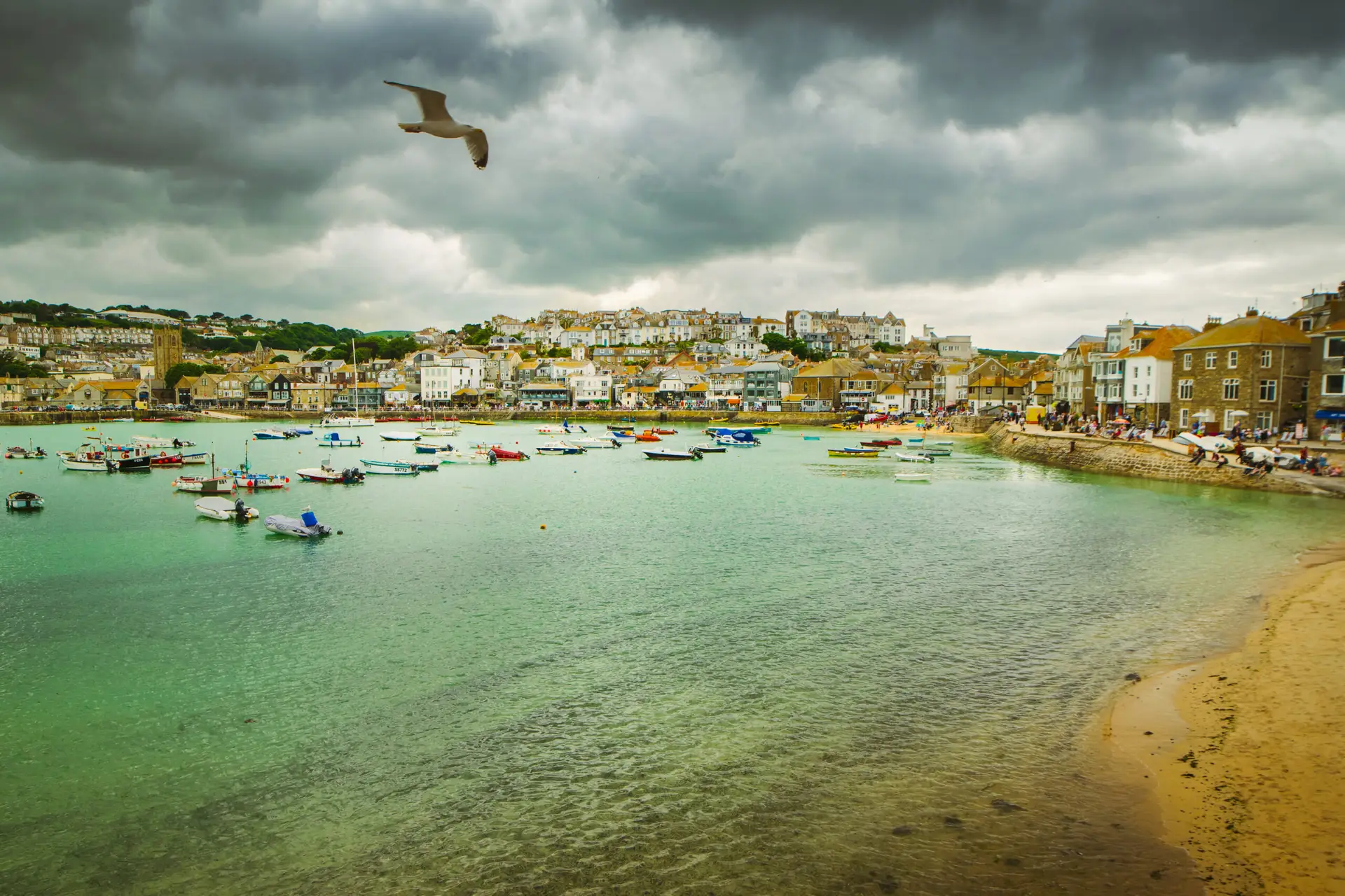 scenic panorama of beach of St Ives coastal town, Cornwall,