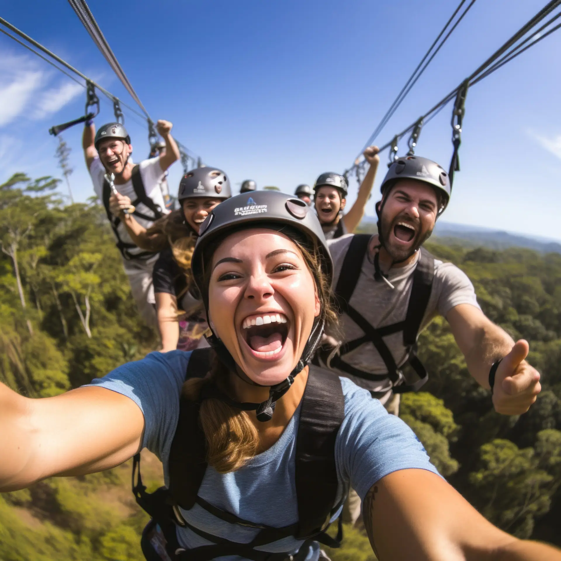 Exhilarating photo of a group of friends soaring through the air on a zip line.