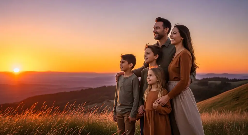 Our family watching the sunset from a hill