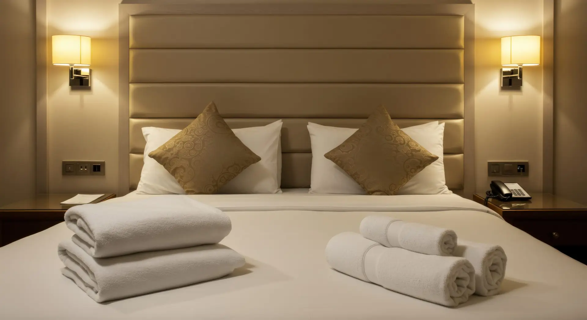Hotel room interior with bed and towels accommodation