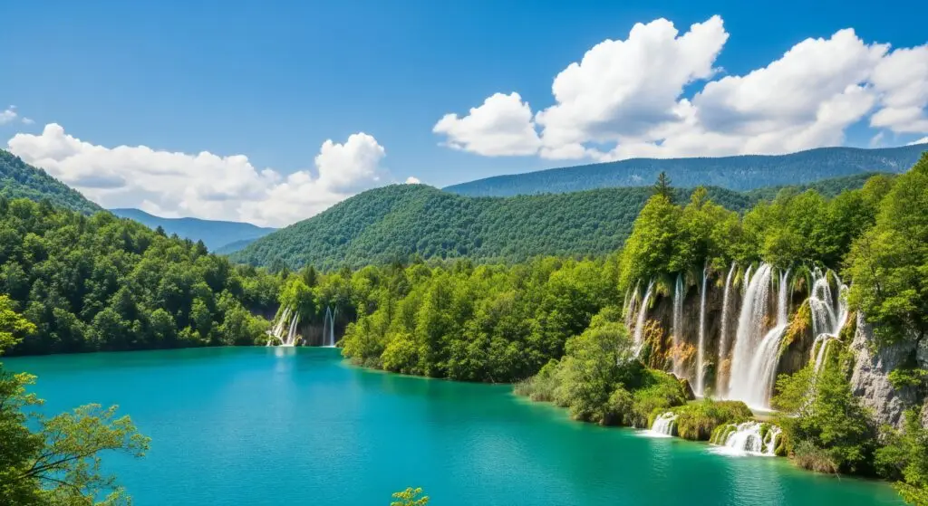 Nature background, Nature wallpaper, Lush green forested mountains surround a vibrant turquoise lake with cascading waterfalls