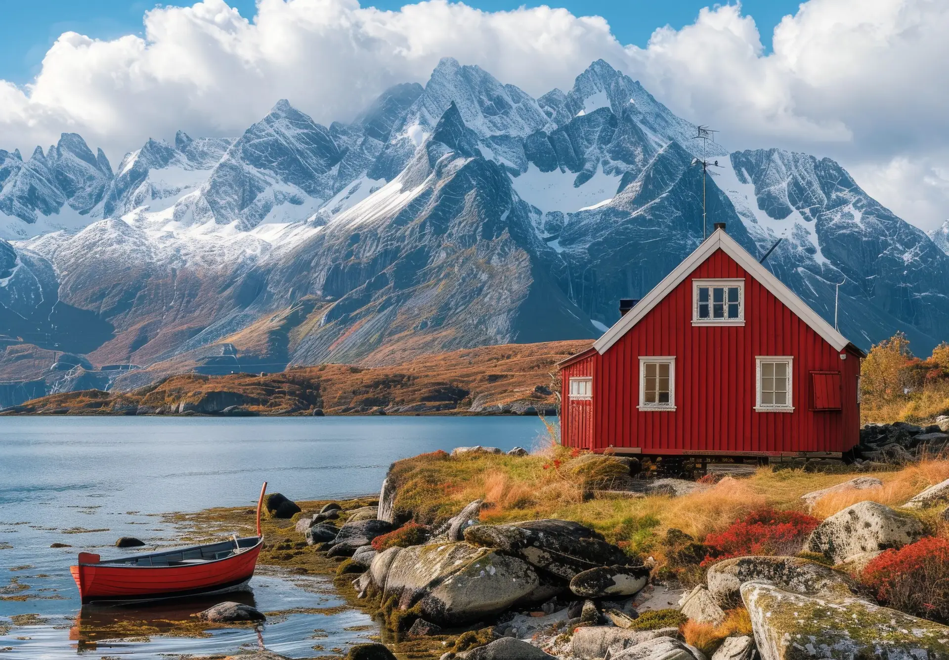 Red Cabin and Boat in Lofoten, Norway