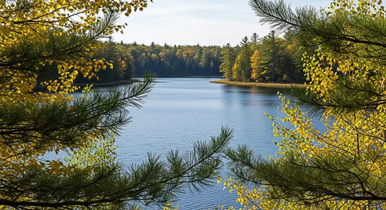 Scenic view of a tranquil lake framed by vibrant autumn foliage and evergreen branches creating a peaceful and serene atmosphere in the colorful wilderness during the fall season