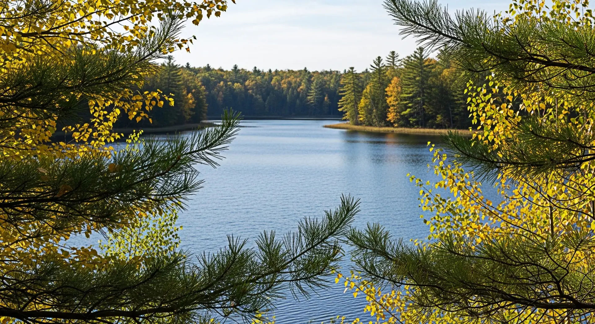 Scenic view of a tranquil lake framed by vibrant autumn foliage and evergreen branches creating a peaceful and serene atmosphere in the colorful wilderness during the fall season