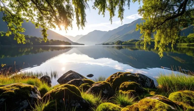 Serene lake scene at dawn, showcasing a tranquil landscape with reflections on the water and lush greenery.