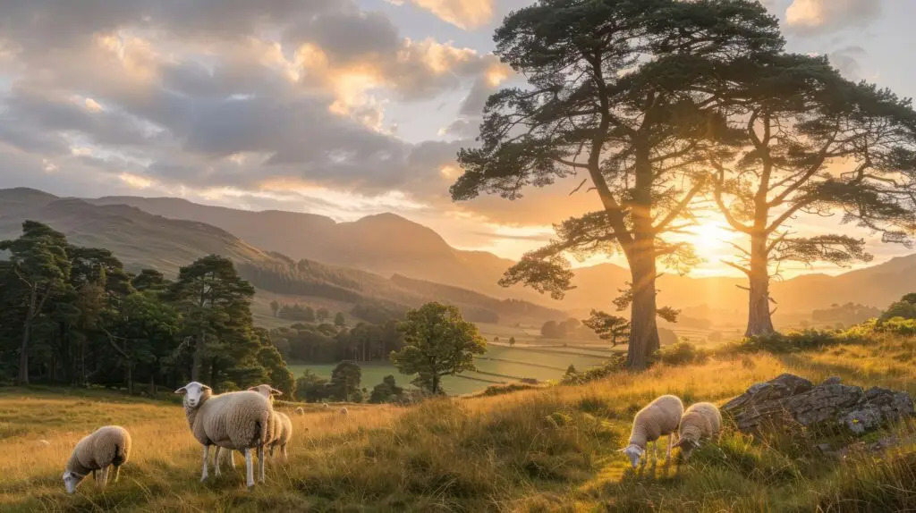 Serene pastoral landscape at sunset with sheep grazing in foreground and mountains