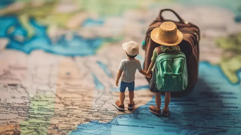 A creative travel concept featuring miniature figurines walking on a world map, symbolising budget travel and adventure.