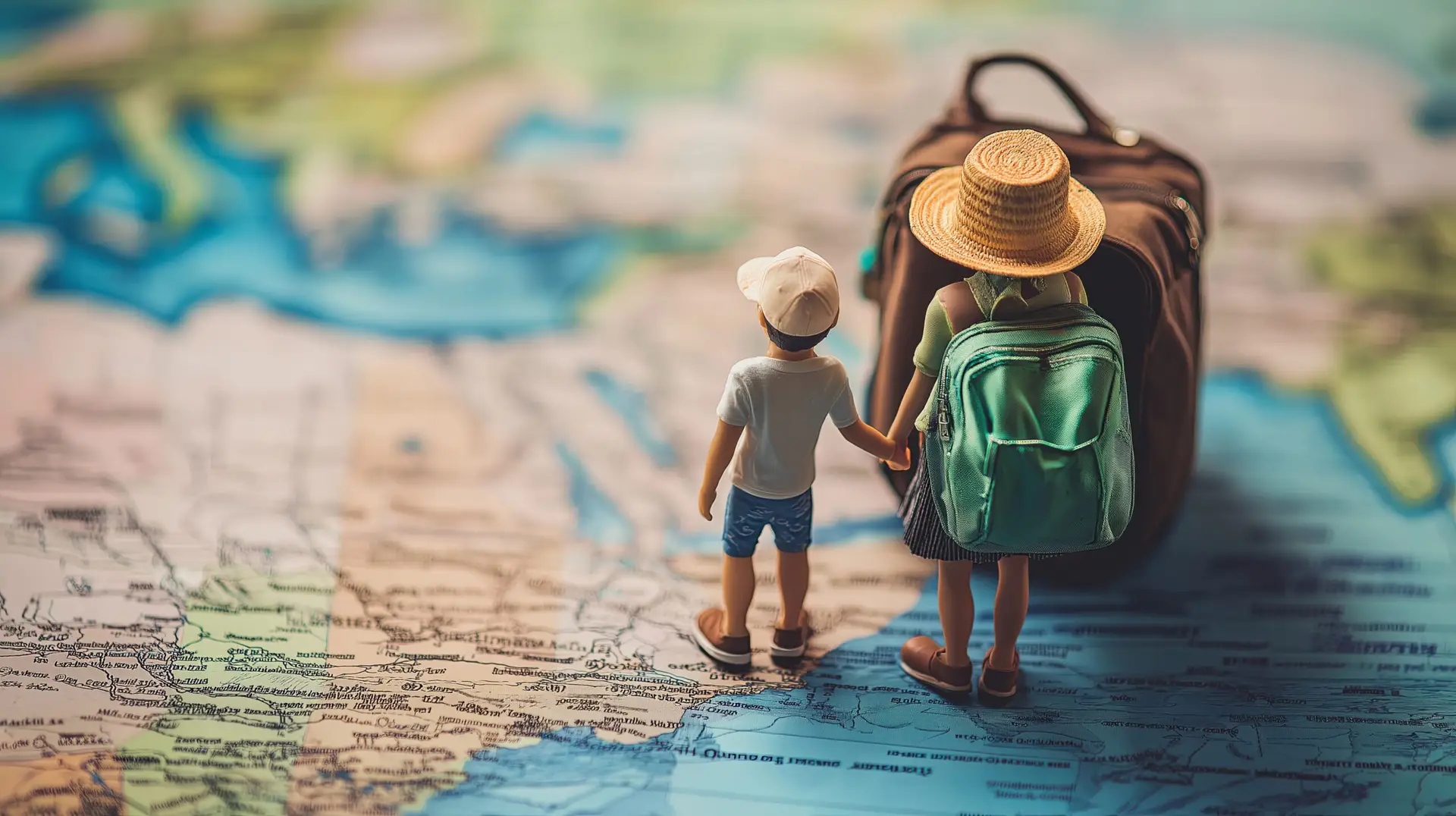 A creative travel concept featuring miniature figurines walking on a world map, symbolising budget travel and adventure.