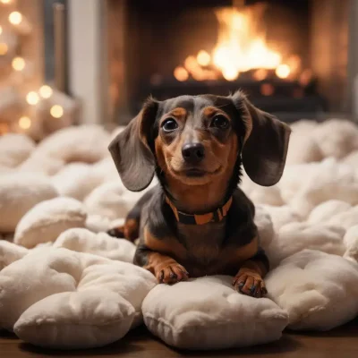 Lou relaxing on a fluffy rug in front of a cozy fireplace.