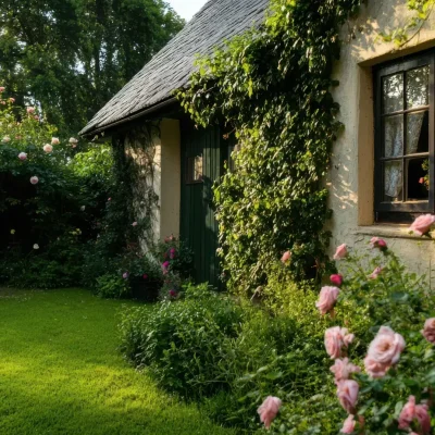Charming Cottage Surrounded by Blooming Roses and Greenery