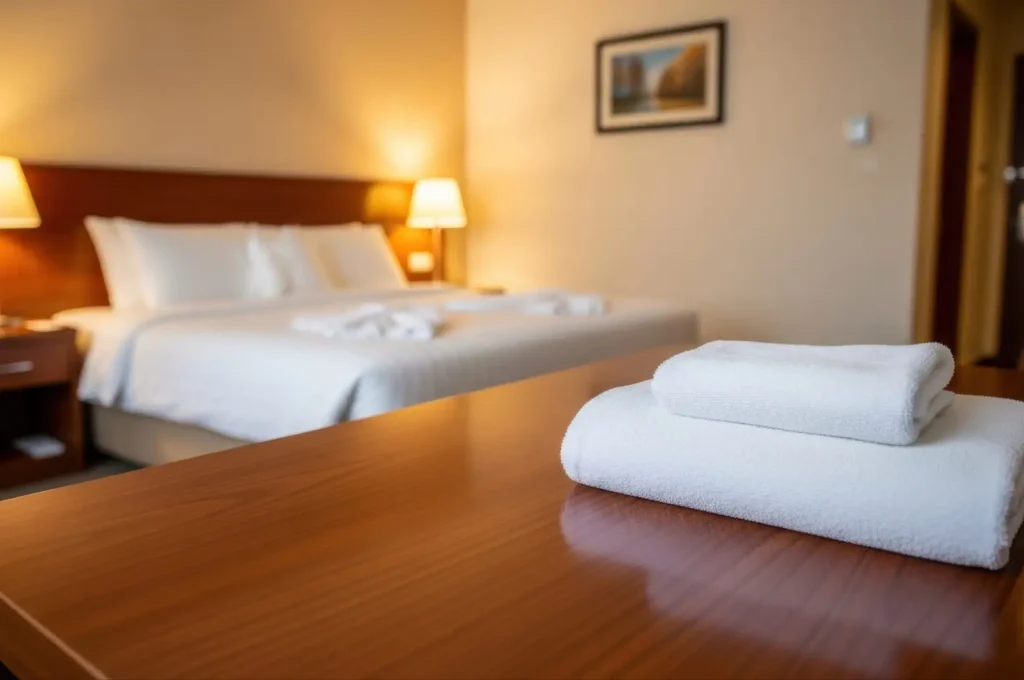 Clean and inviting hotel room with a neatly made bed, crisp white linens, and fresh folded towels on a wooden table, illuminated by warm bedside lamps.