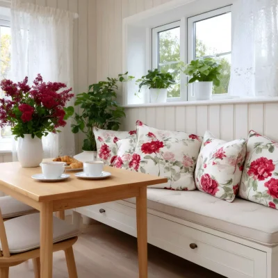 Cozy Cottage Dining Room Breakfast with Flowers and Lake View