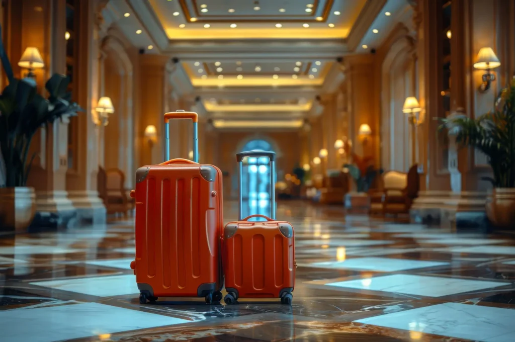 Two orange suitcases in the hotel lobby.